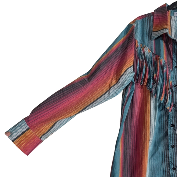 Crazy Train Serape Fringe Western Button Down Shirt | Boutique Boho Top | Size L - Picture 5 of 7